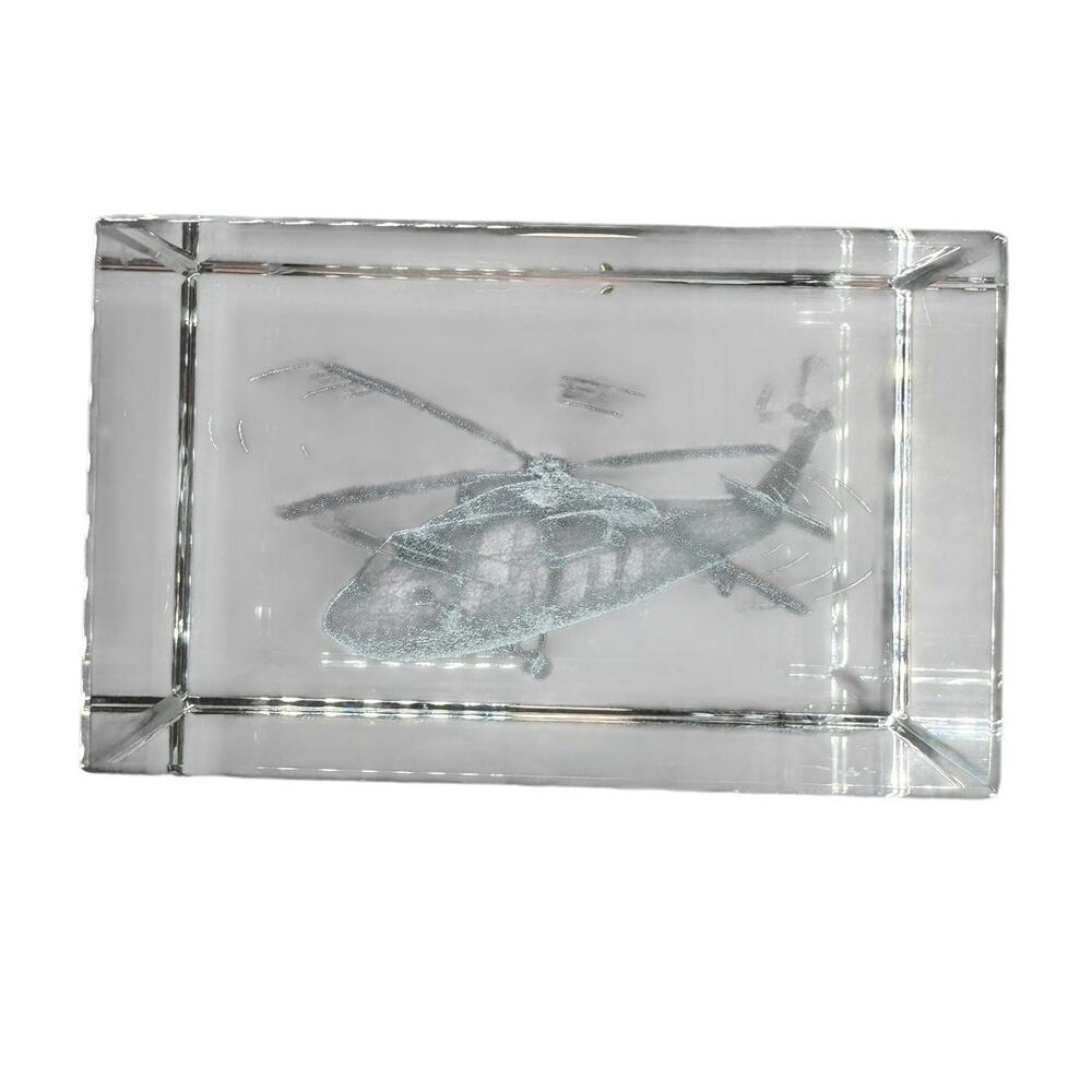 3D Laser Etched Helicopter Clear Glass Paperweight Aviation Office Decor